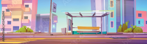 Bus stop with shelter on city street. Urban landscape with public transport station, house, office and hospital buildings, car road with pedestrian crosswalk, vector cartoon illustration