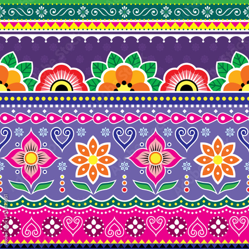 Pakistani or Indian truck art vector seamless pattern with flowers and leaves, jingle truck floral design in pink and purple
 