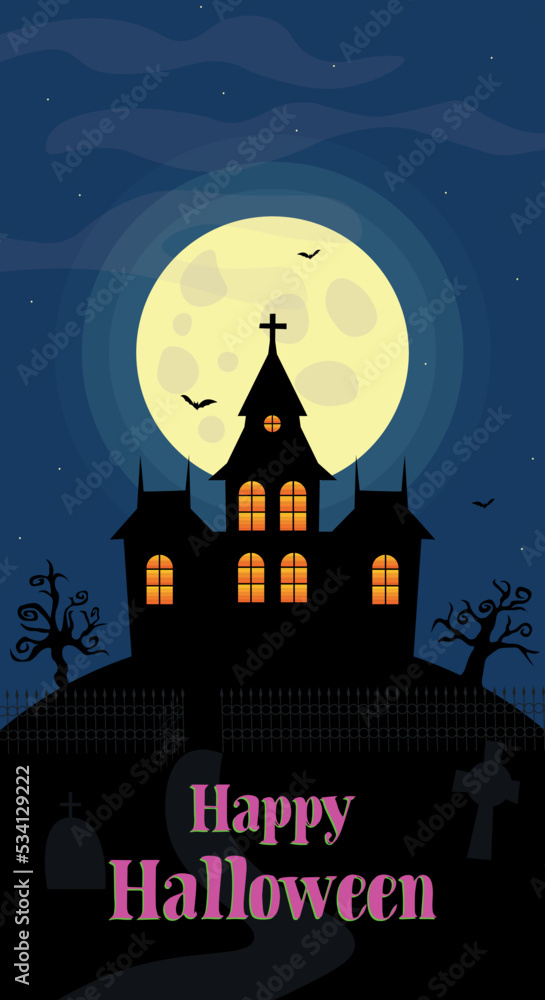 mistery house under the moon and happy halloween