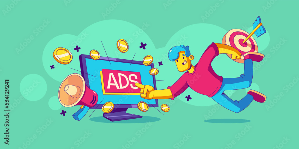 Pay per click, ads marketing strategy. Man click on advertising banner on computer screen, icons of money, target and megaphone, vector illustration in contemporary style Pay per click, ads marketing strategy. Man click on advertising banner on computer screen, icons of money, target and megaphone, vector illustration in contemporary style