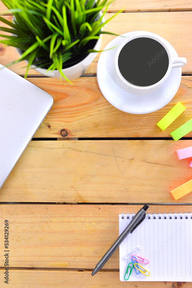 Flat lay, top view office table desk. Workspace with wood background. Flat lay, top view office table desk. Workspace with wood background.