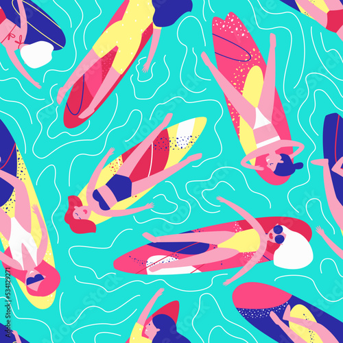 Seamless pattern with girls swimming on surfboards and sunbathing. Women are resting on vacation at the sea or ocean. Pattern of summer clothes. Flat vector illustration.