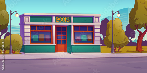 Books store building on city street. Summer urban landscape with bookstore facade  road with sidewalk and lanterns  green trees and houses on background  vector illustration in contemporary style