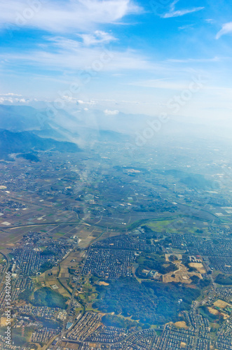 Aerial view of Fukuoka city view from the airplane.