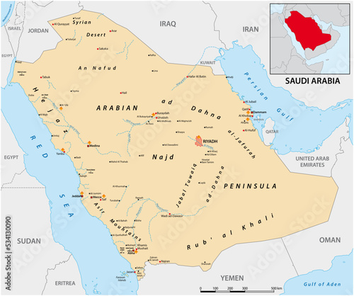Detailed vector map of the Kingdom of Saudi Arabia