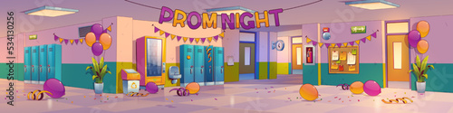 School hall after prom night celebration. Empty college corridor interior with garlands, students lockers, confetti and balloons scattered on tiled floor, Contemporary cartoon vector illustration