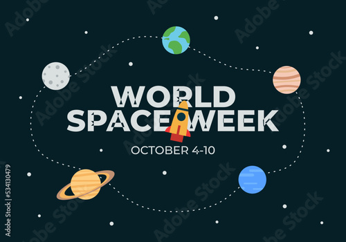 Word space week background with planets and ufo.