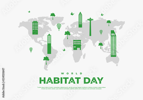 World habitat day building on world map isolated on white background.