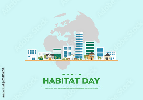 World habitat day with sky scrapper and earth map isolated on blue background. photo