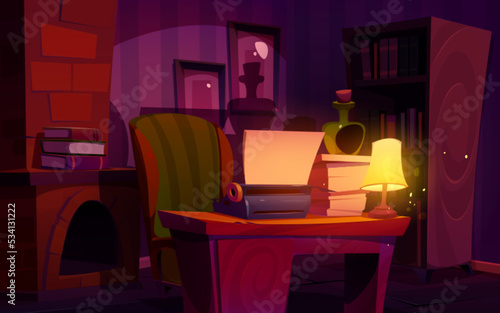 Writer cabinet at night, interior with typewriter, glowing lamp, bottle, stack of paper on desk with vintage armchair. Room with author items, fireplace and shadows on wall Cartoon vector illustration