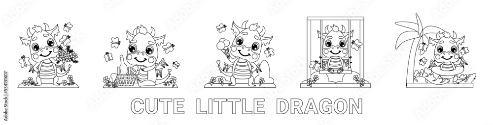 Cute little dragon traveler eats ice cream, collects flowers, sits with a picnic basket, swings on a swing, swims on the sea. Set of illustrations in a linear-contour style for coloring book, design,