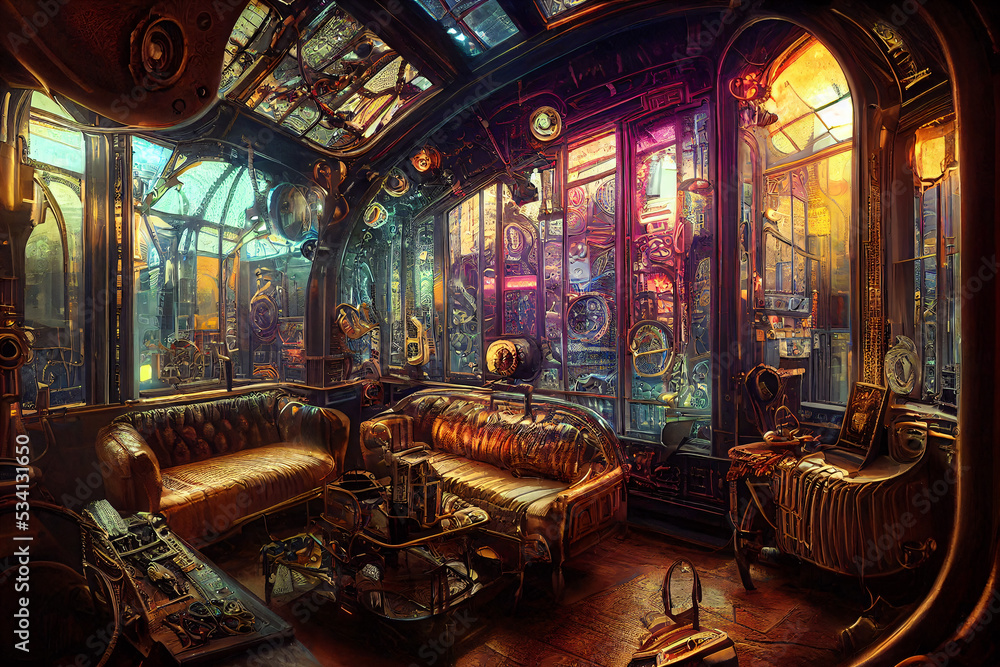 steampunk interior, cyberpunk club, fantasy retro room, fictional interior  created with generative ai Stock Illustration