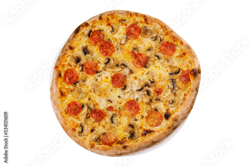 Salami and mushrooms pizza isolated on white background