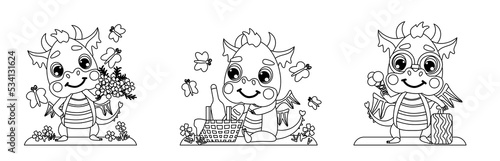 Cute little dragon traveler eats ice cream  collects flowers  sits with a picnic basket. Set of illustrations in a linear-contour style for coloring  design  prints  greeting cards. symbol of 2024