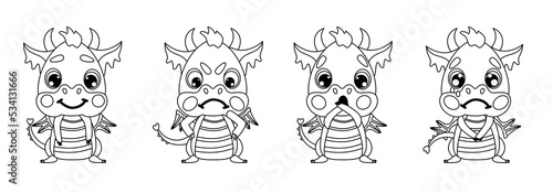 Set of emotions of a cute little baby dragon. Joy, surprise, sadness and anger. Vector illustration for designs, prints, greeting card, coloring book for kids and patterns. symbol  of 2024