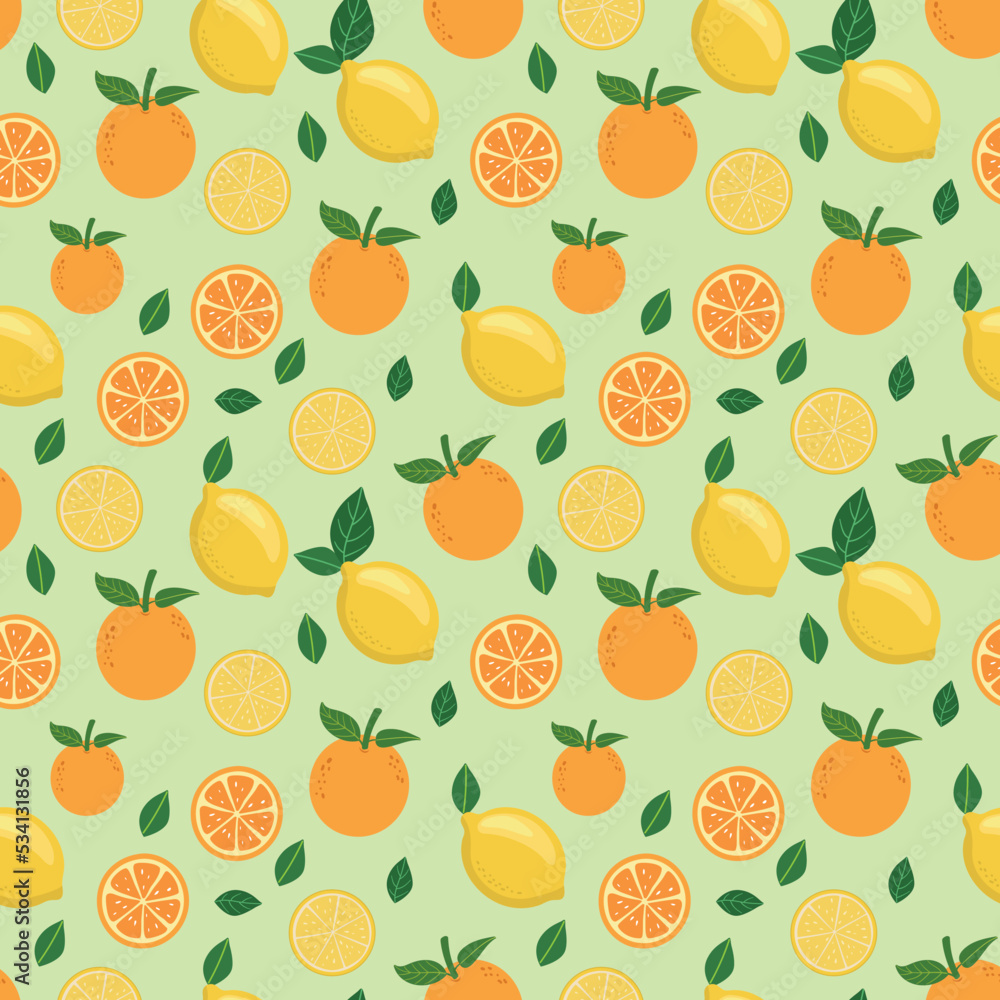 lemon and orange fruits pattern in green background lemon and orange fruits pattern in green background