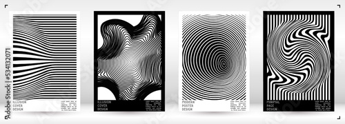 Geometrical Poster Design with Optical Illusion Effect.  Minimal Psychedelic Cover Page Collection. Monochrome Wave Lines Background. Fluid Stripes Art. Swiss Design. Vector Illustration for Placard.