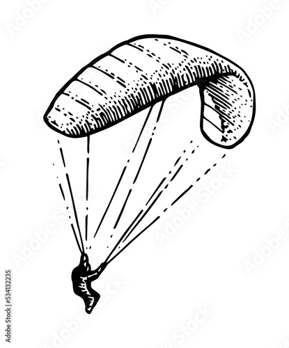 Parachutist descends. Parachute paraglider. Air extreme sport. Controlled high altitude flight. Hand drawn outline sketch. Isolated on white background. Vector.