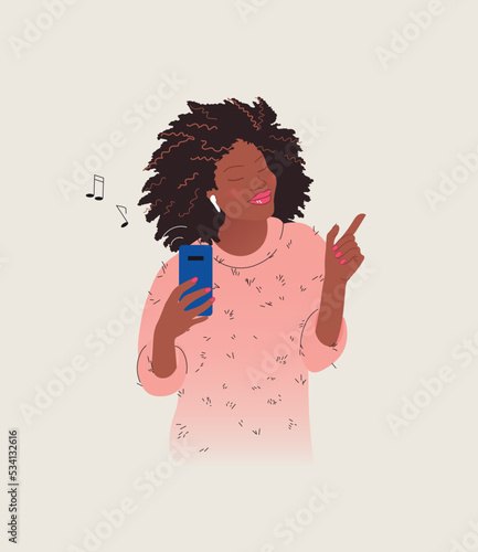 Happy young afro american woman In wireless earbuds, listening to music and dancing. Positive emotion. Modern verctor illustration. photo