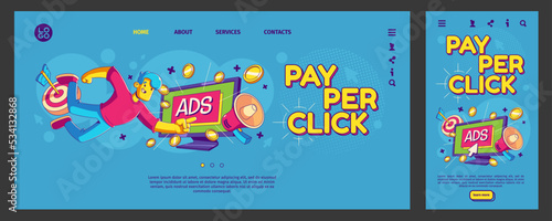 Pay per click landing page template. Contemporary vector illustration of male character, computer, megaphone, money and target board. Colorful desktop and mobile design of online advertizing website