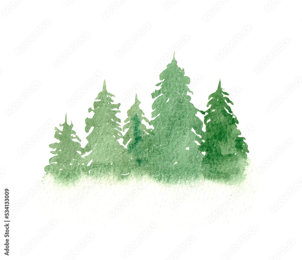 Obraz premium Watercolor hand drawn landscape. Silhouette of trees..