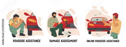 Departure of the insurance inspector and evacuation services to the site of a road accident. Roadside assistance and auto insurance services, car repair banners, flat vector illustration on white.