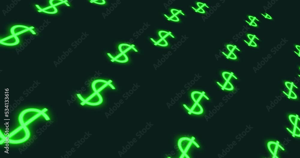 Moving, glowing US dollar symbols on a dark background, 4K animation. Moving, glowing US dollar symbols on a dark background, 4K animation.