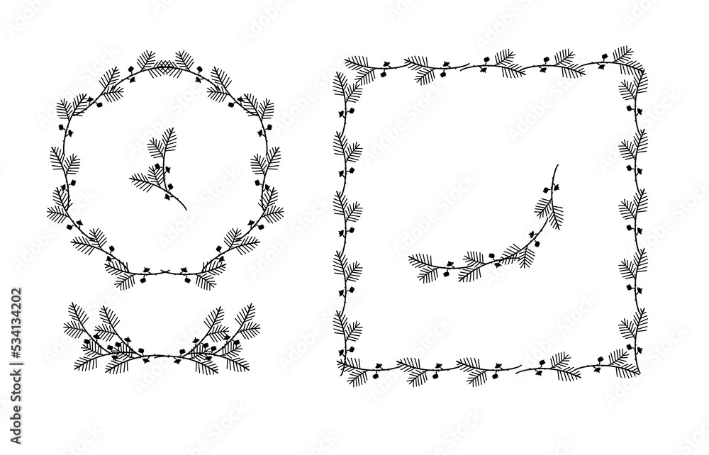 Obraz premium Set of botanical design elements. Frames, borders, wreaths,pine branch . Modern christmas style. Vector isolated illustration.