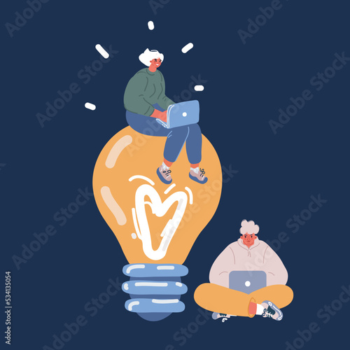 Cartoon vector illustration of people work at laptop. Ma and woma with light bulbs. Great ideas competition.