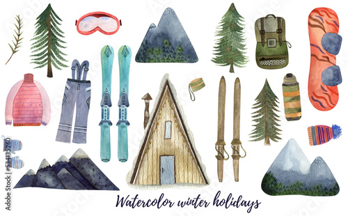 Watercolor big set of winter holidays in mountains. Winter activities vacation. Isolated on a white background. Great for different prints, advertisement, promotions, designs, print in a big resolutio