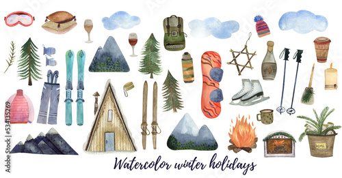 Watercolor big set of winter holidays in mountains. Winter activities vacation. Isolated on a white background. Great for different prints, advertisement, promotions, designs, print in a big resolutio
