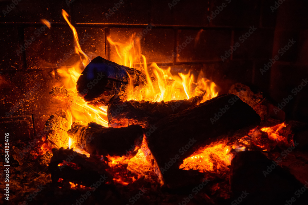 Burning logs in the fireplace Burning logs in the fireplace