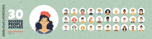 Set of people avatars, round icons with faces of young and old male and female characters. Diverse men or women with different hair color, kids, teens and adult isolated line art flat vector portraits