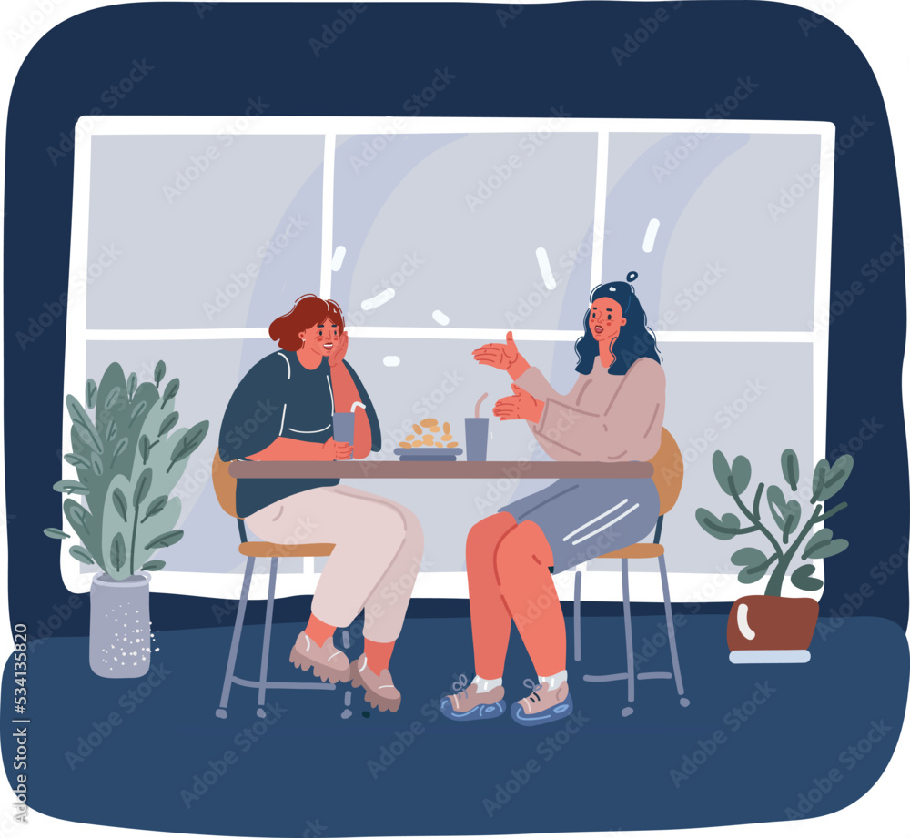 Cartoon vector illustration of Two office workers discuss about new company project.They sitting at the desk in company caffee and preparing for meeting.