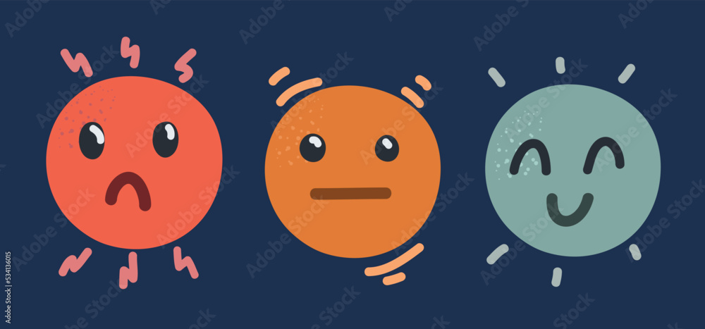 Fototapeta premium Cartoon vector illustration of Emoticon in a good mood, bad and indifferents modes