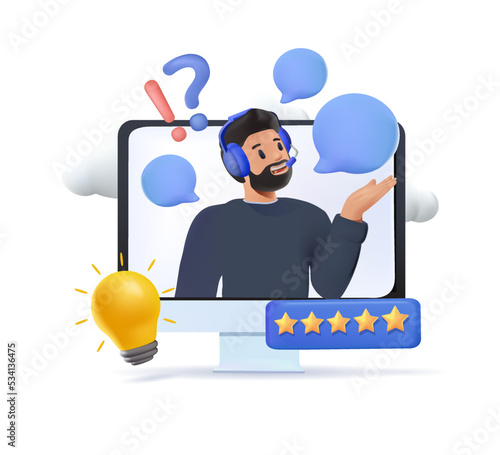 Customer support service. Characters talking with helpdesk or call center operator and leaving positive feedback. User experience concept. Vector illustration. Call center, hotline, technical support