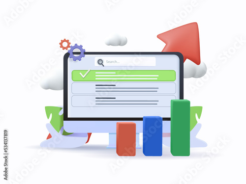 3D SEO optimization with search bar for marketing social media website on laptop concept. 3d interface for website strategy and research planing laptop. 3d seo strategy vector icon render illustration