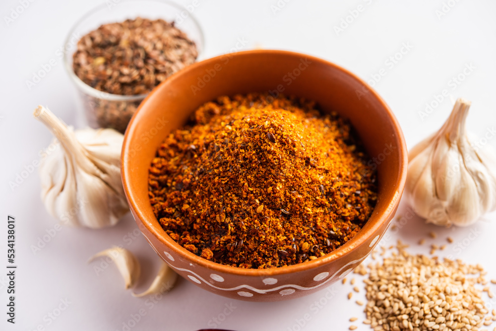 Jawas or Javas chutney made using Flax seeds, flaxseeds powder, garlic, red chilly, Indian relish Jawas or Javas chutney made using Flax seeds, flaxseeds powder, garlic, red chilly, Indian relish