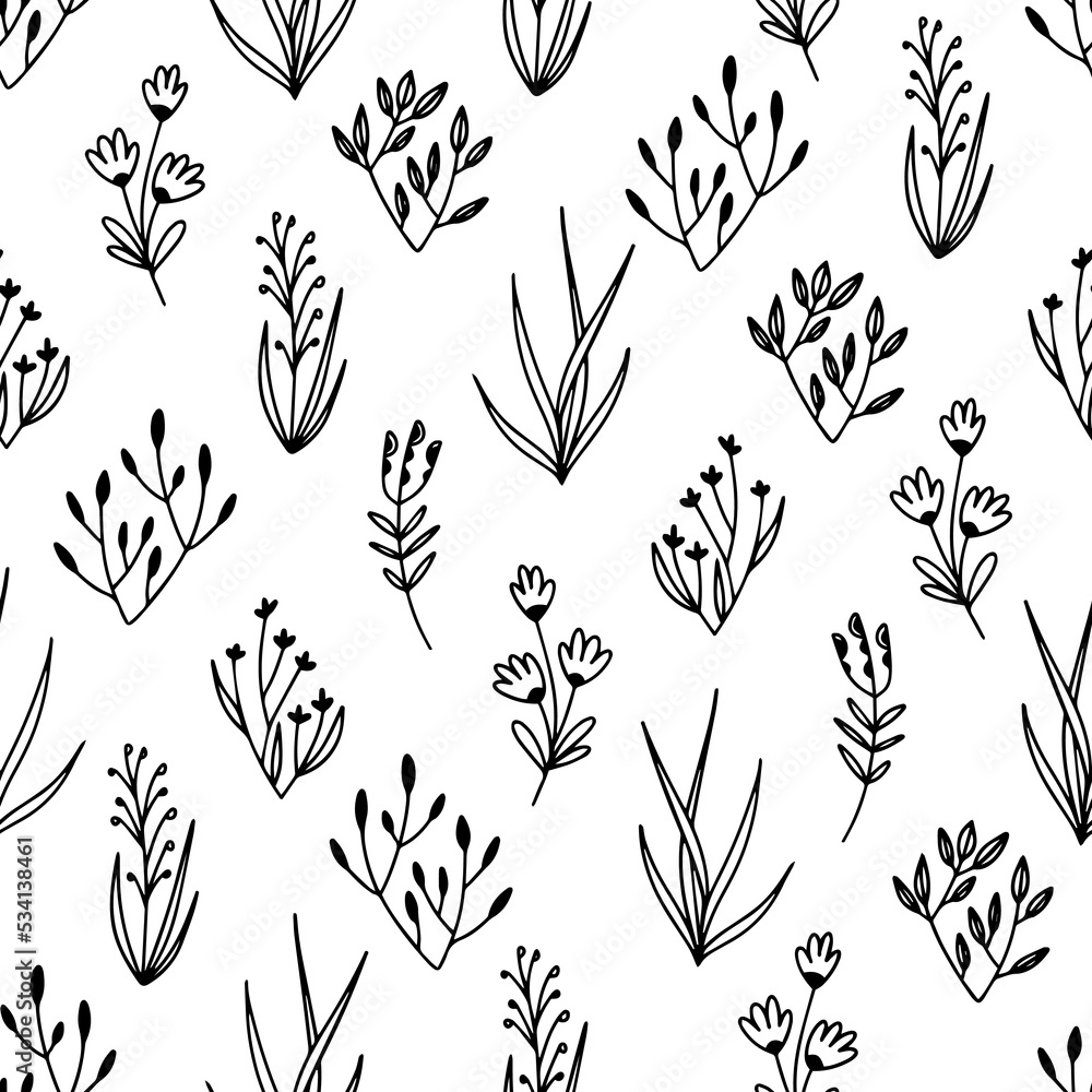 Fototapeta premium Vector pattern white and black leaves and bushes lines in line-art style. Seamless graphic pattern.