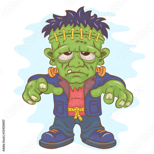 Cartoon Frankenstein. Colorful Halloween Character, Frankenstein with a menacing look. Halloween mascot cartoon. Positive and unique design. 