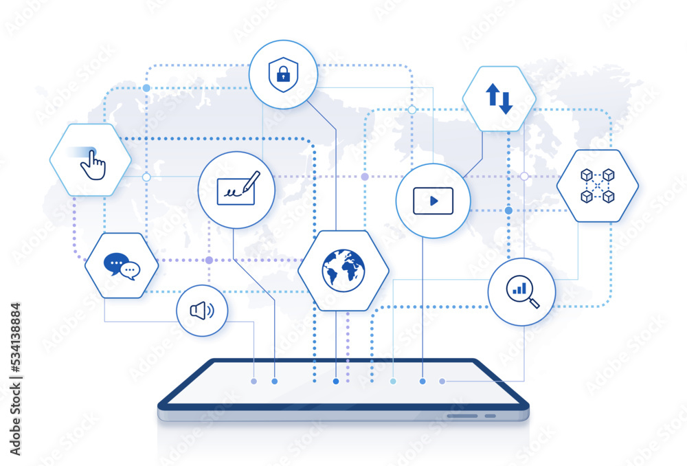 digital network illustration: editable stroke online network icons with tablet PC. technology platform, global network connection on world map background digital network illustration: editable stroke online network icons with tablet PC. technology platform, global network connection on world map background
