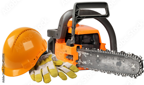 Fotografi Chain saw, protective gloves and orange hard hat isolated, safety gear concept