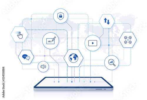 digital network illustration: editable stroke online network icons with tablet PC. technology platform, global network connection on world map background