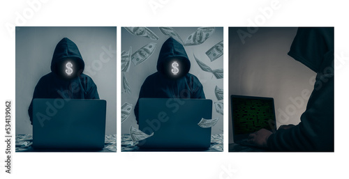 Set of hackers wearing black hoodies. They are stealing a lot of financial information on their computers and have a lot of falling dollars and lying on the table.
