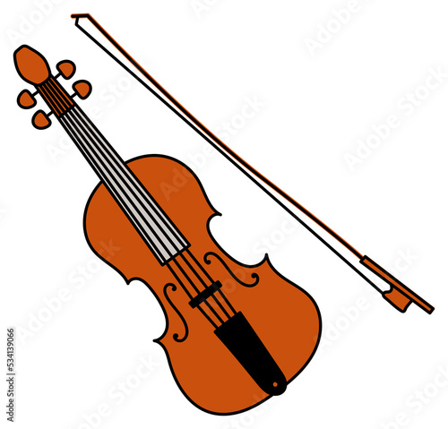 Musical instrument sketch. Violin or viola with bow. Color illustration