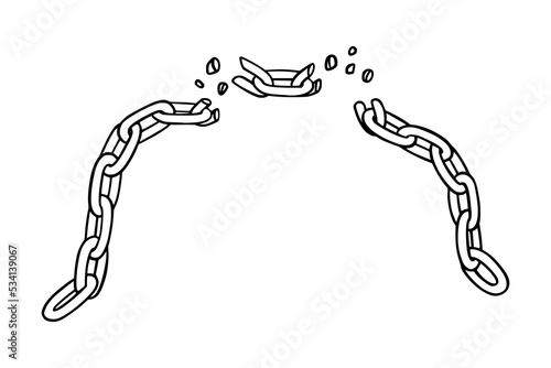 Broken chain with shatters as symbol of strength and unity. Sketch of metal chains. Vector illustration isolated in white background