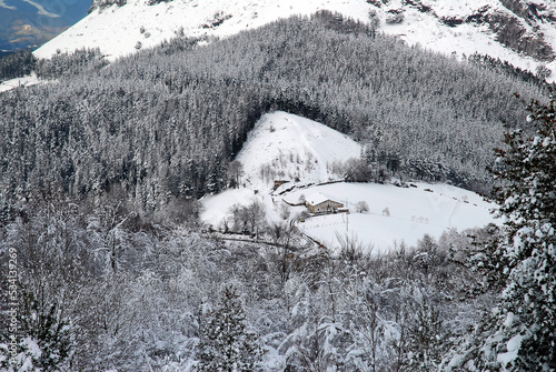 Snowy landscape with a farm...