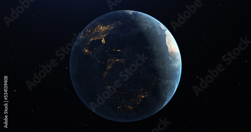 Fototapeta Naklejka Na Ścianę i Meble -  Blue planet earth in dark space. Half of the planet is illuminated, the other is the dark side.