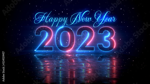 Futuristic Red Blue Glowing Neon Light Happy New Year 2023 Lettering With Floor Reflection Amid The Falling Snow On Dark Background