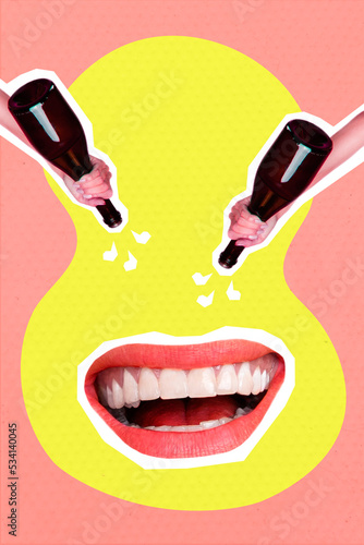 Vertical collage picture of two human arms hold pour alcohol bottle smiling big mouth isolated on painted background